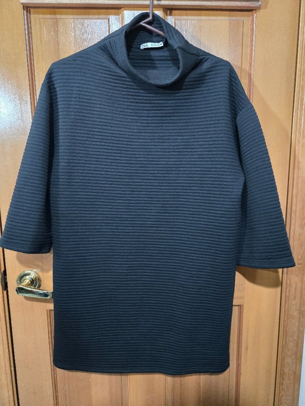 ZARA Black Ribbed Tunic Dress Mock Neck 3/4 Sleeve Size Small